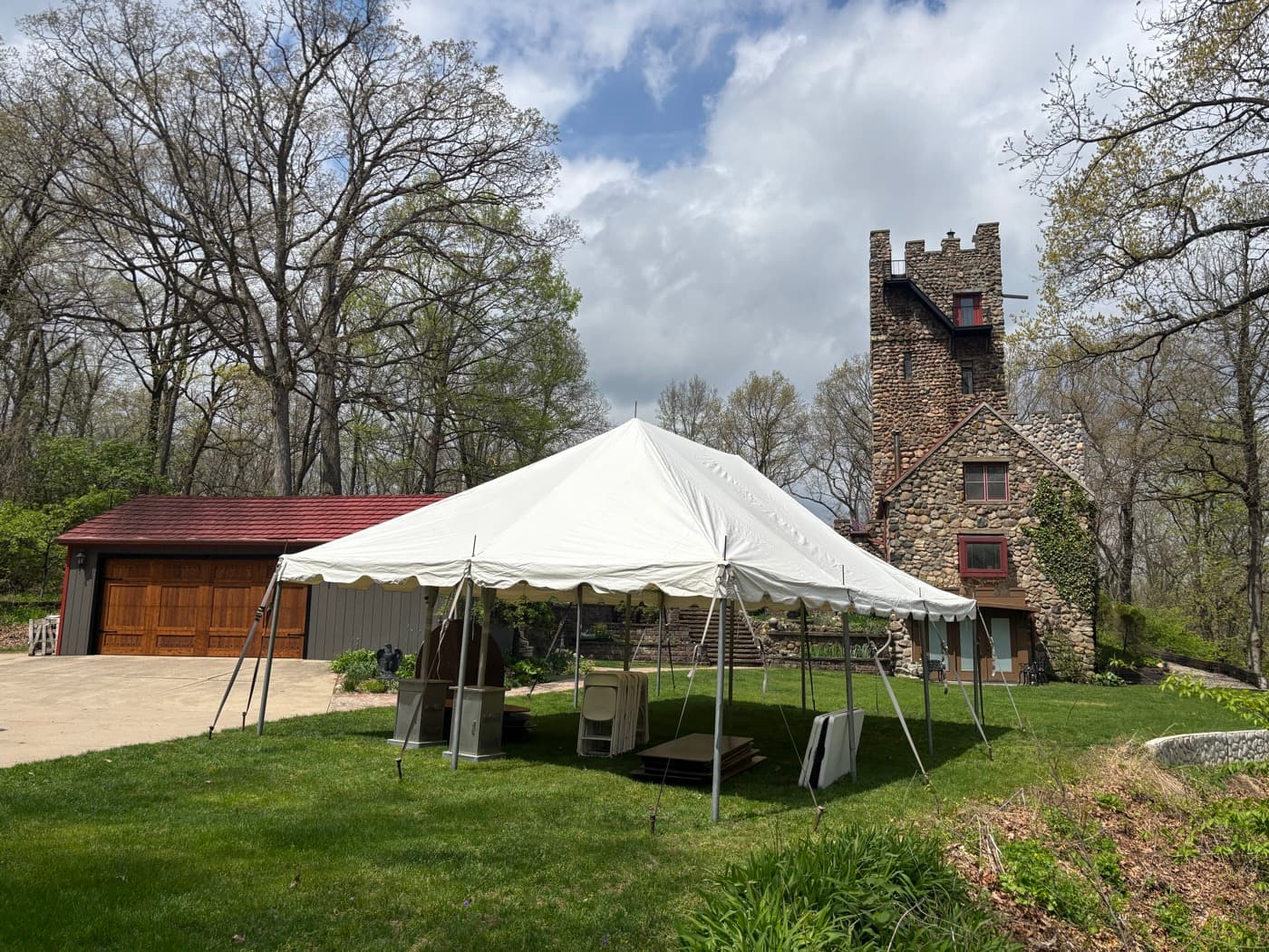 Celebration under a white event tent